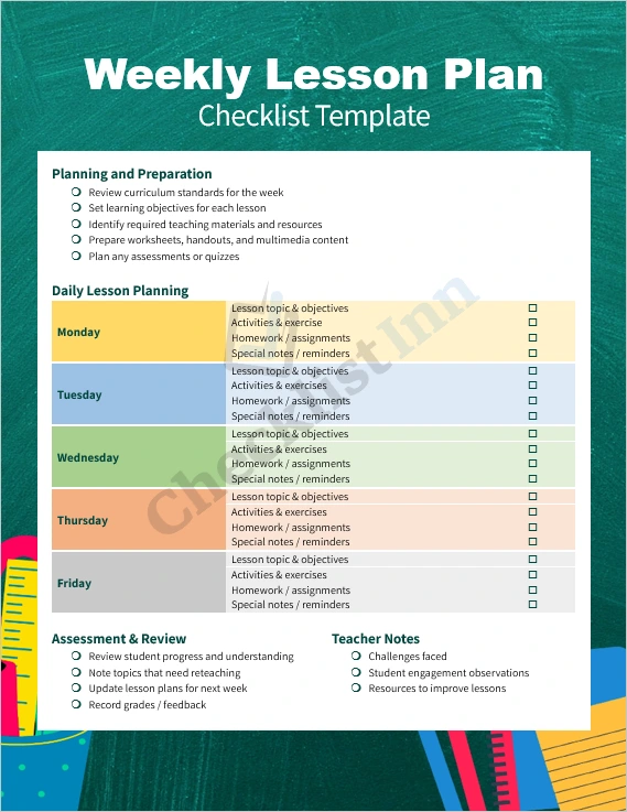 Weekly lesson plan checklist template cover page showing clean professional design