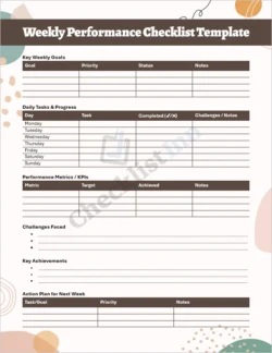 Weekly Performance Checklist Template Cover Page showing organized tables and headings