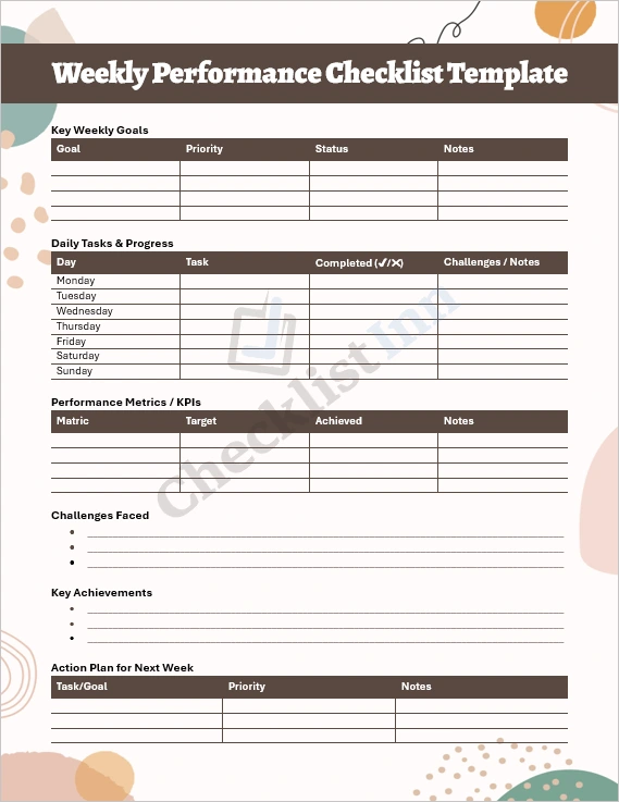 Weekly Performance Checklist Template Cover Page showing organized tables and headings