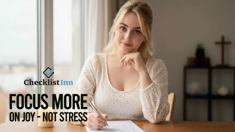 Woman planning Easter activities using a printed checklist