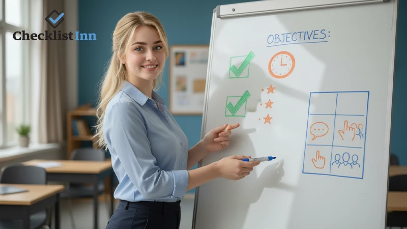 Teacher explaining checklist benefits using charts and icons