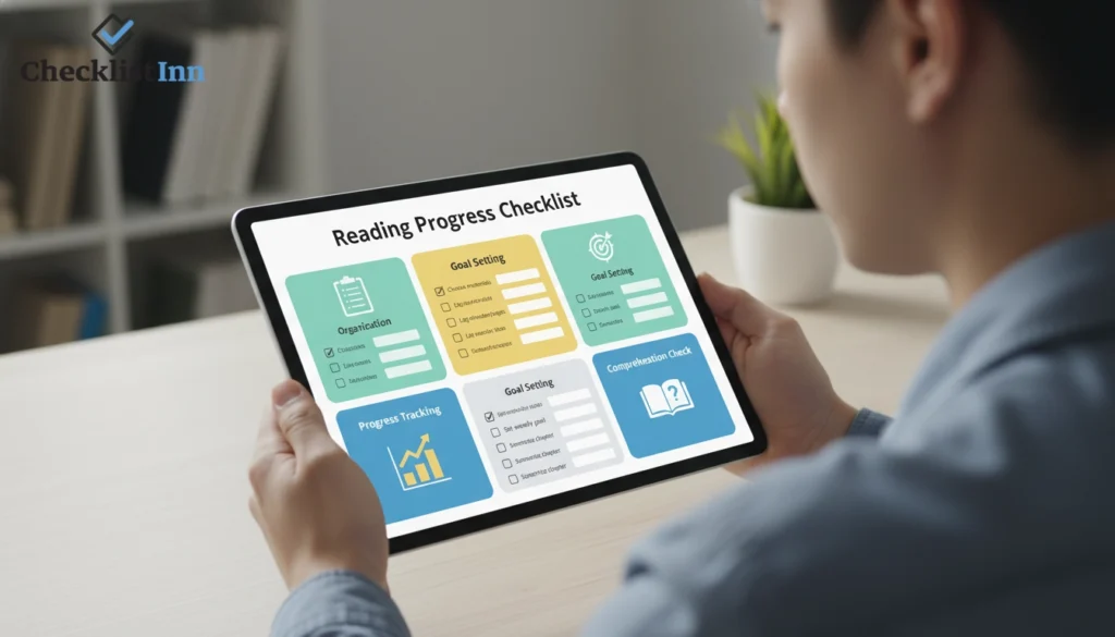 Person reviewing a reading checklist with icons representing organization progress and goals