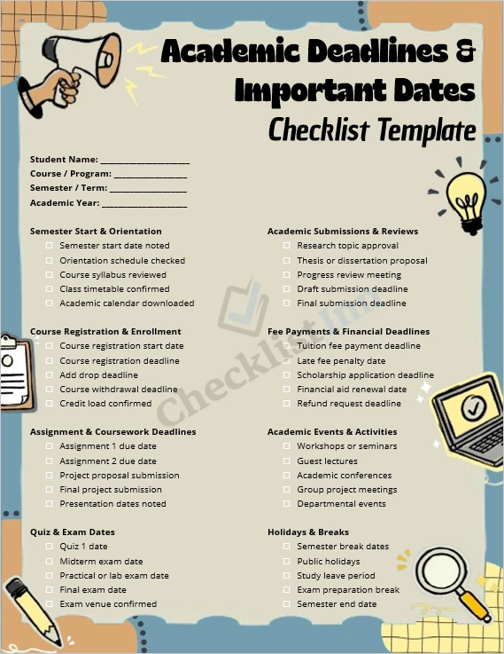Academic deadlines and important dates checklist template cover page for students