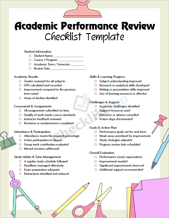 Academic performance review checklist inside template preview