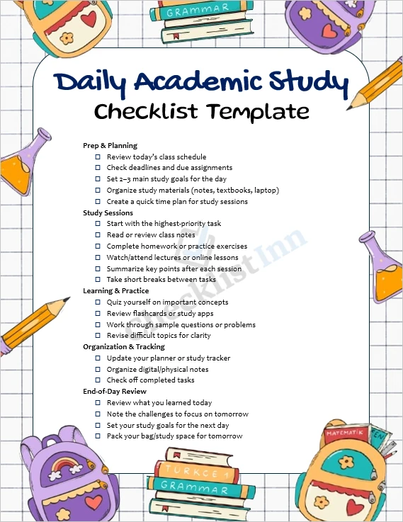 Daily academic study checklist cover page with clean and simple layout