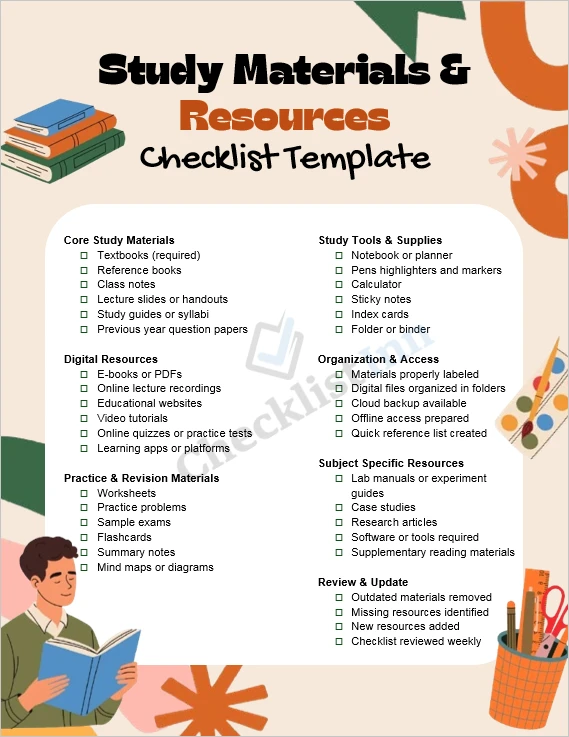 Study materials and resources checklist template cover page