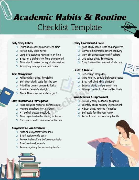 Academic habits and routine checklist cover page