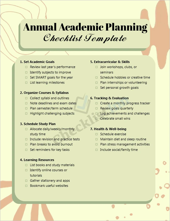 Annual academic planning checklist cover page