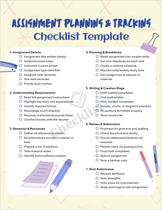 Assignment planning and tracking checklist cover page