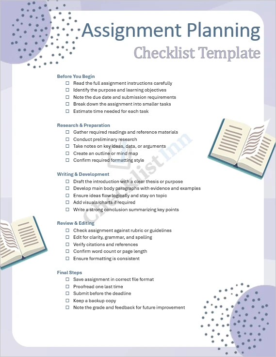 Assignment Planning Checklist Template Cover Page