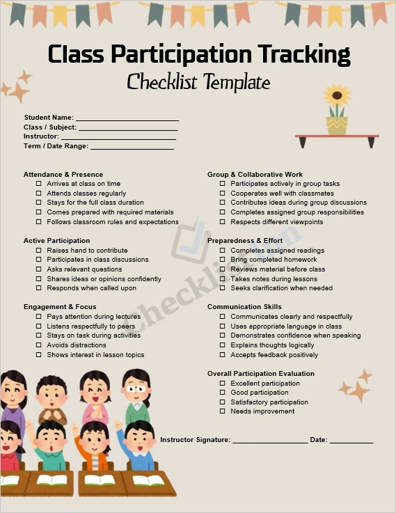 class participation tracking checklist template cover page