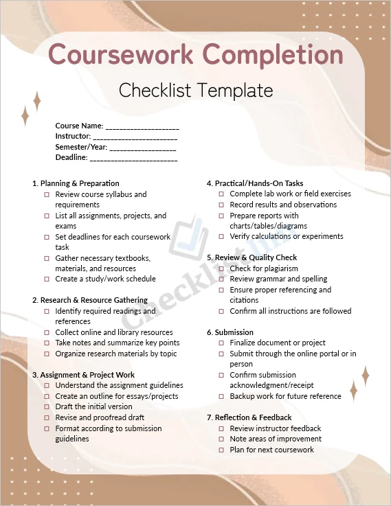 Coursework Completion Checklist Template Cover Page