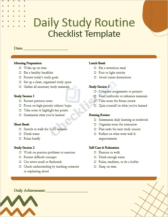 Daily Study Routine Checklist Cover Page with Motivational Design