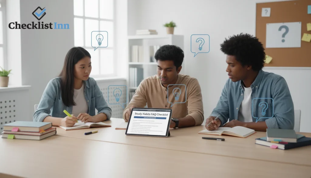 Students are looking at a checklist and a digital device with question marks and icons around, representing asking questions and finding answers about study templates.