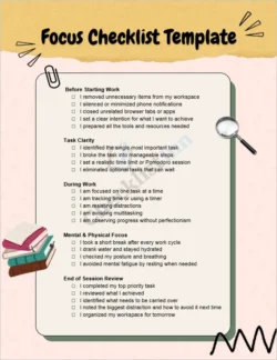 Focus Checklist Template cover page showing a clean and organized layout