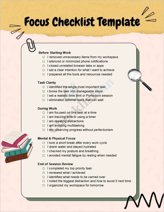 Focus Checklist Template cover page showing a clean and organized layout