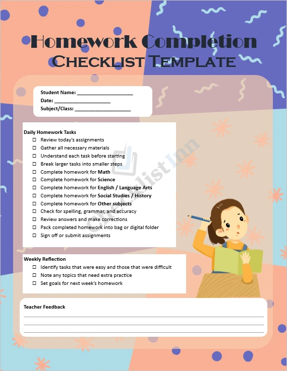 Homework completion checklist template cover page showing organized layout for students