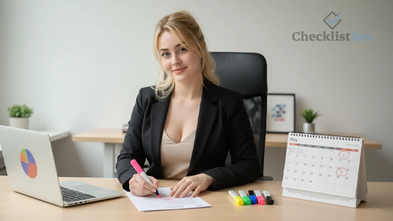 girl sitting at a desk marking a checklist step-by-step. Add a laptop, calendar, and highlighters. Clean, interactive, tutorial-like feel.