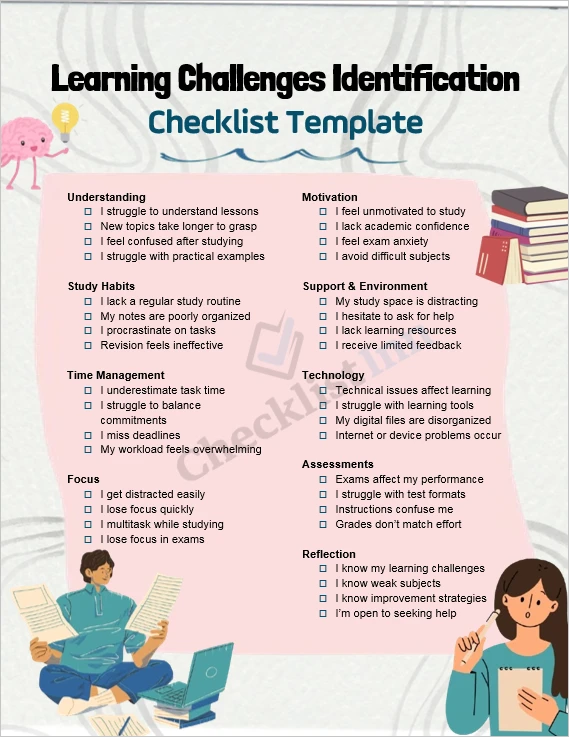 Learning challenges identification checklist cover page for students and learners