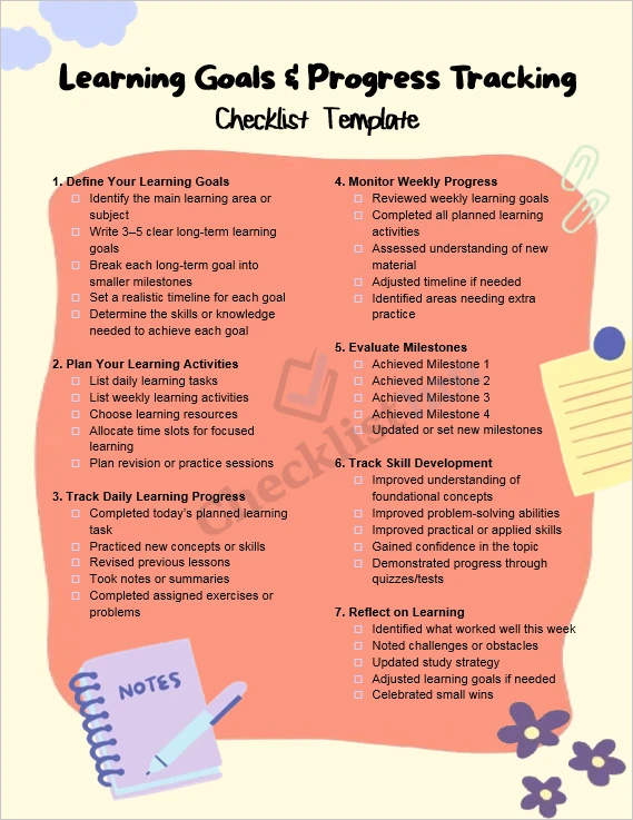 learning goals and progress tracking checklist cover page