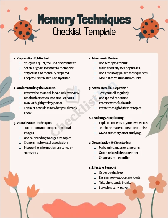 Memory Techniques Checklist cover page showing organized study and memory improvement sections