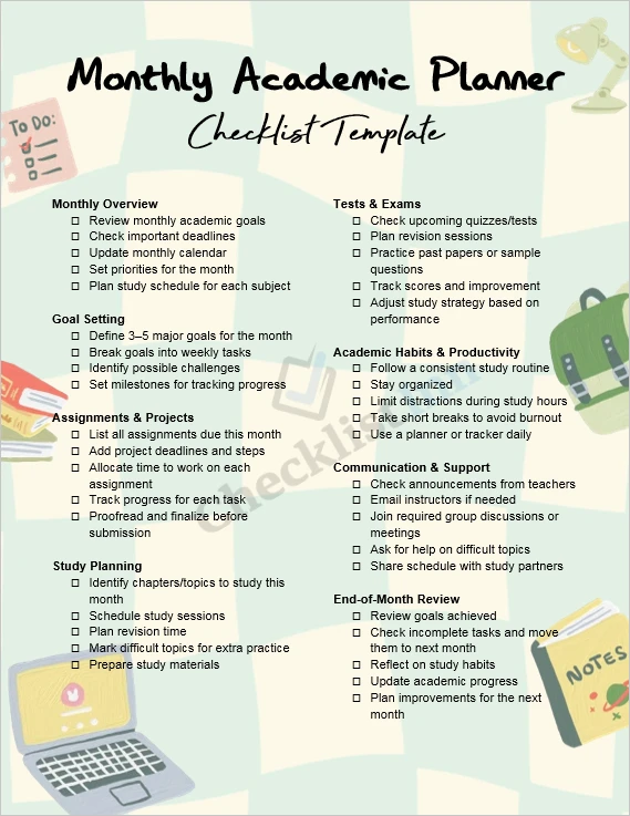 Monthly Academic Planner Checklist cover page with clean layout and organized design