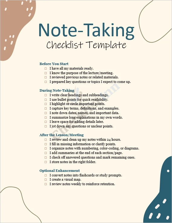 Note Taking Checklist cover page design