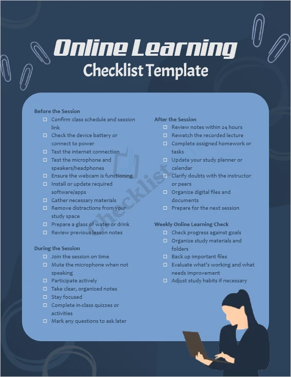 Online Learning Checklist cover page showing a clean and structured layout for students and online learners