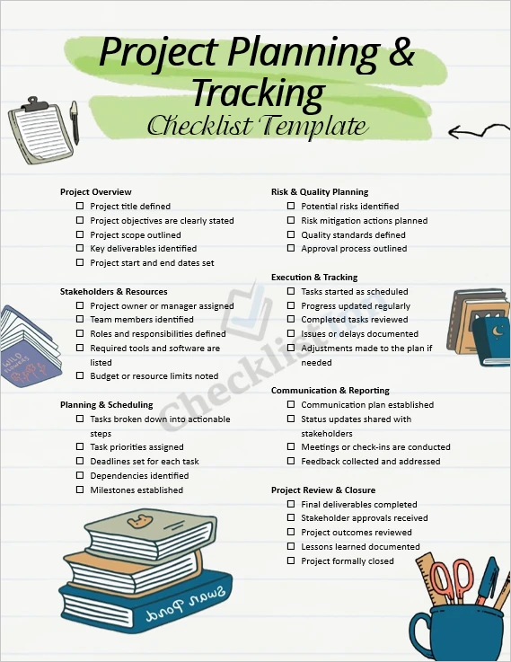 project planning and tracking checklist template cover page