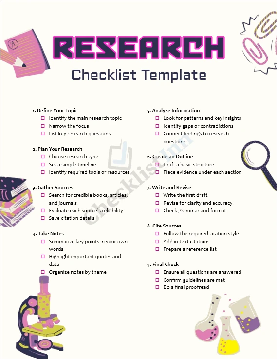 Research checklist template cover page showing a clean and professional layout