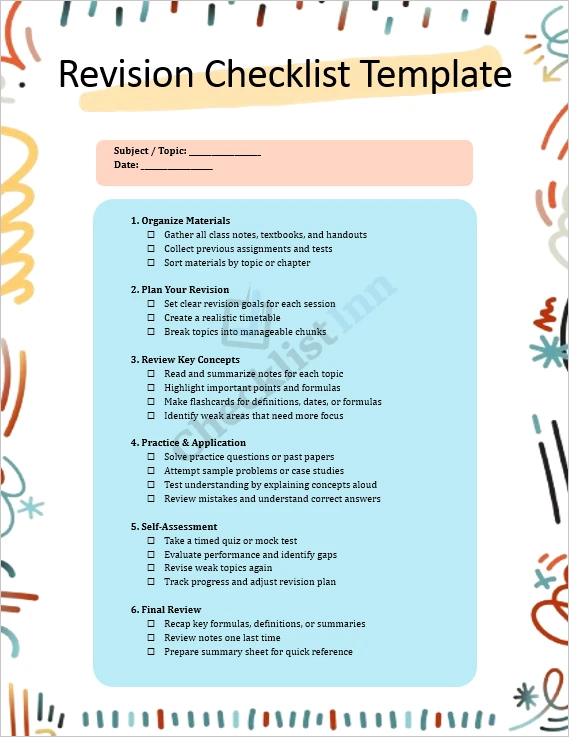 Revision Checklist Template Cover Page