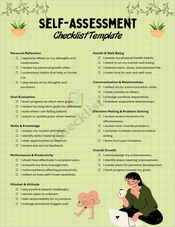 Self Assessment Checklist cover page showing a clean and organized layout