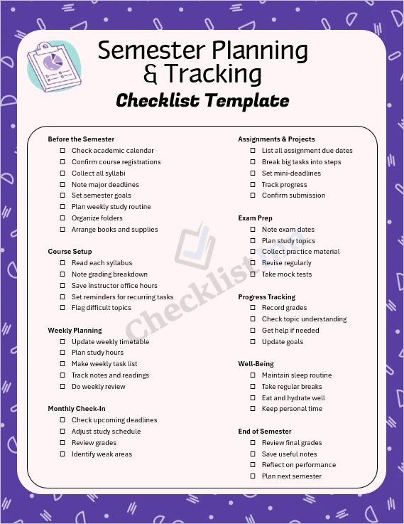 Semester Planning and Tracking Checklist cover page with a clean academic layout