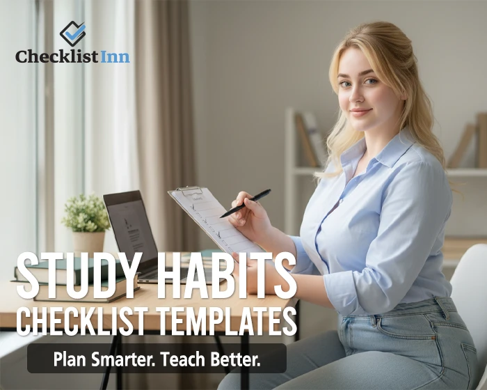 Your girl studying at a desk with checklists, books, and a laptop, representing productive study habits.