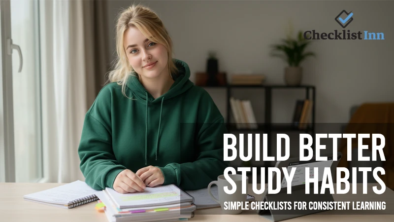 Your girl using a study checklist on a tablet with organized study materials around her.