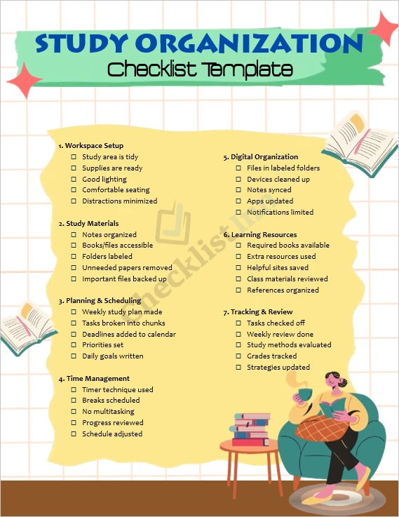Study Organization Checklist cover page with clean layout