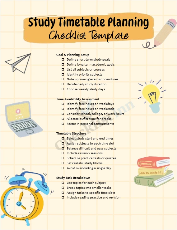 Study timetable planning checklist template cover page