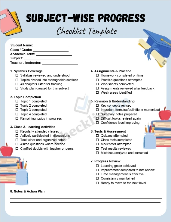 subject wise progress checklist template cover page for academic tracking