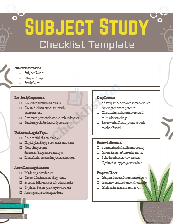 Subject Study Checklist cover page organized study template