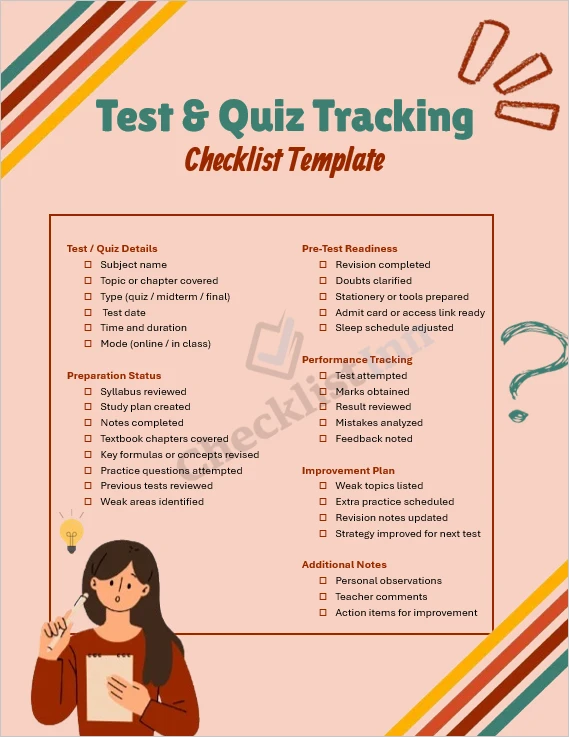 test and quiz tracking checklist cover page for students