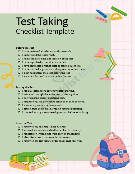 Test Taking Checklist cover page with checkboxes and organized layout