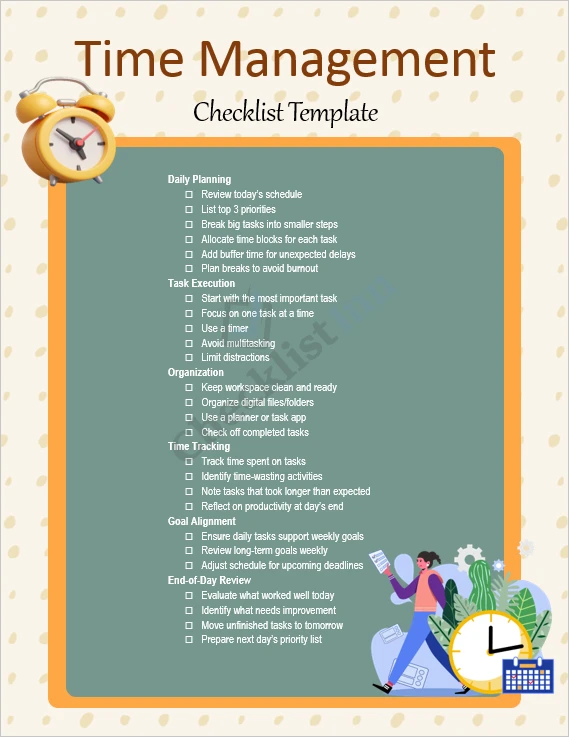 Time Management Checklist cover page showing a clean and organized layout