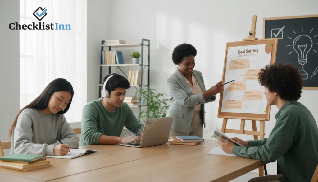 A diverse group of learners including students, an online learner with a laptop, and a teacher, using checklists and study materials, showing focus, organization, and productive study habits.