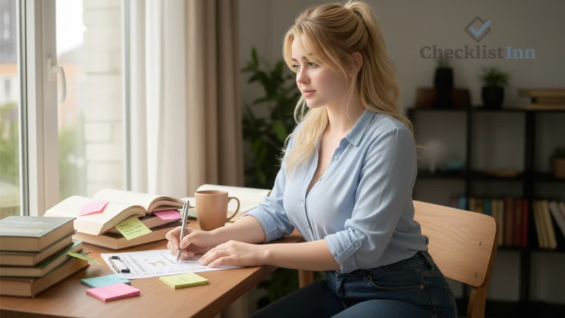 girl marking tasks on a study checklist, showing productive planning habits.