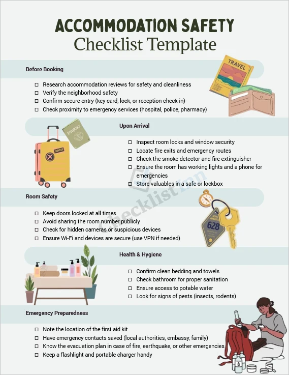 Accommodation safety checklist cover page for travelers and guests
