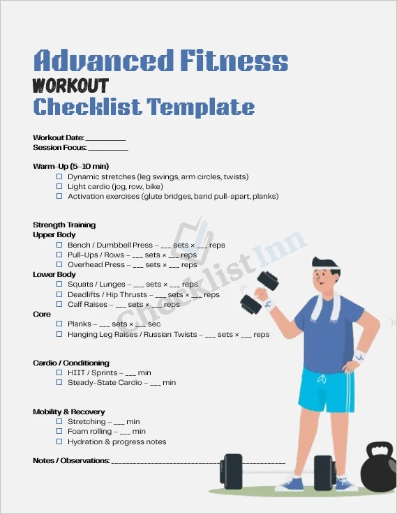 Advanced fitness workout checklist cover page