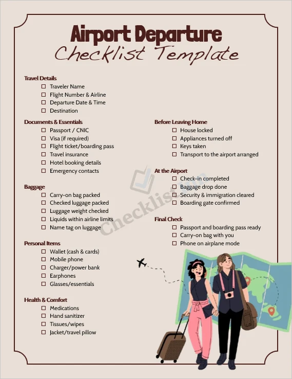Airport departure checklist cover page with travel essentials layout