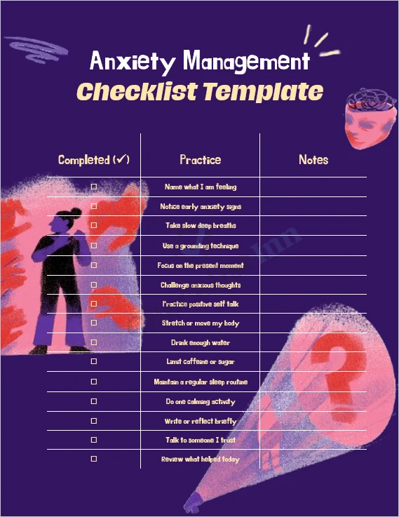 Anxiety management checklist printable cover page