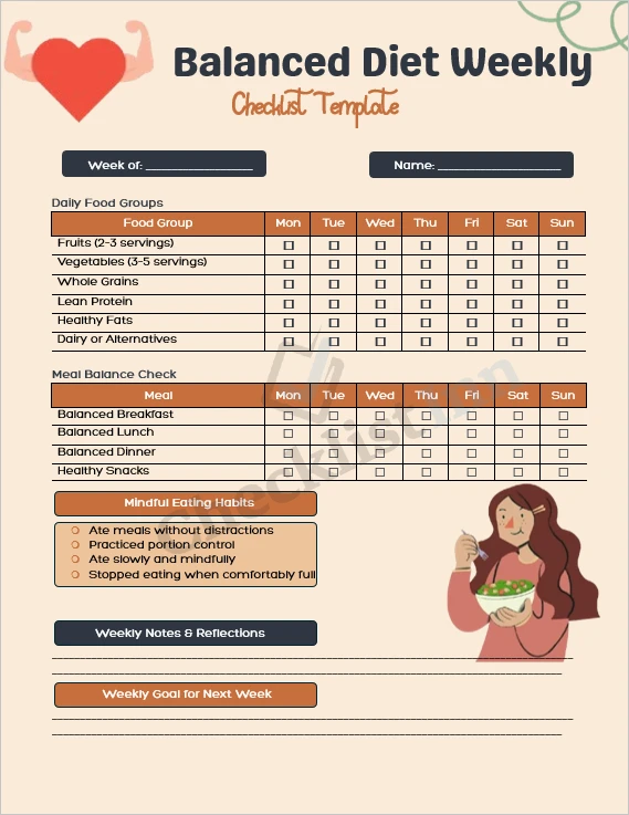 Balanced diet weekly checklist cover page showing organized meal and nutrition planning