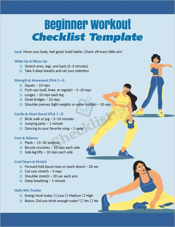 Beginner workout checklist cover page template showing exercises and checklist design